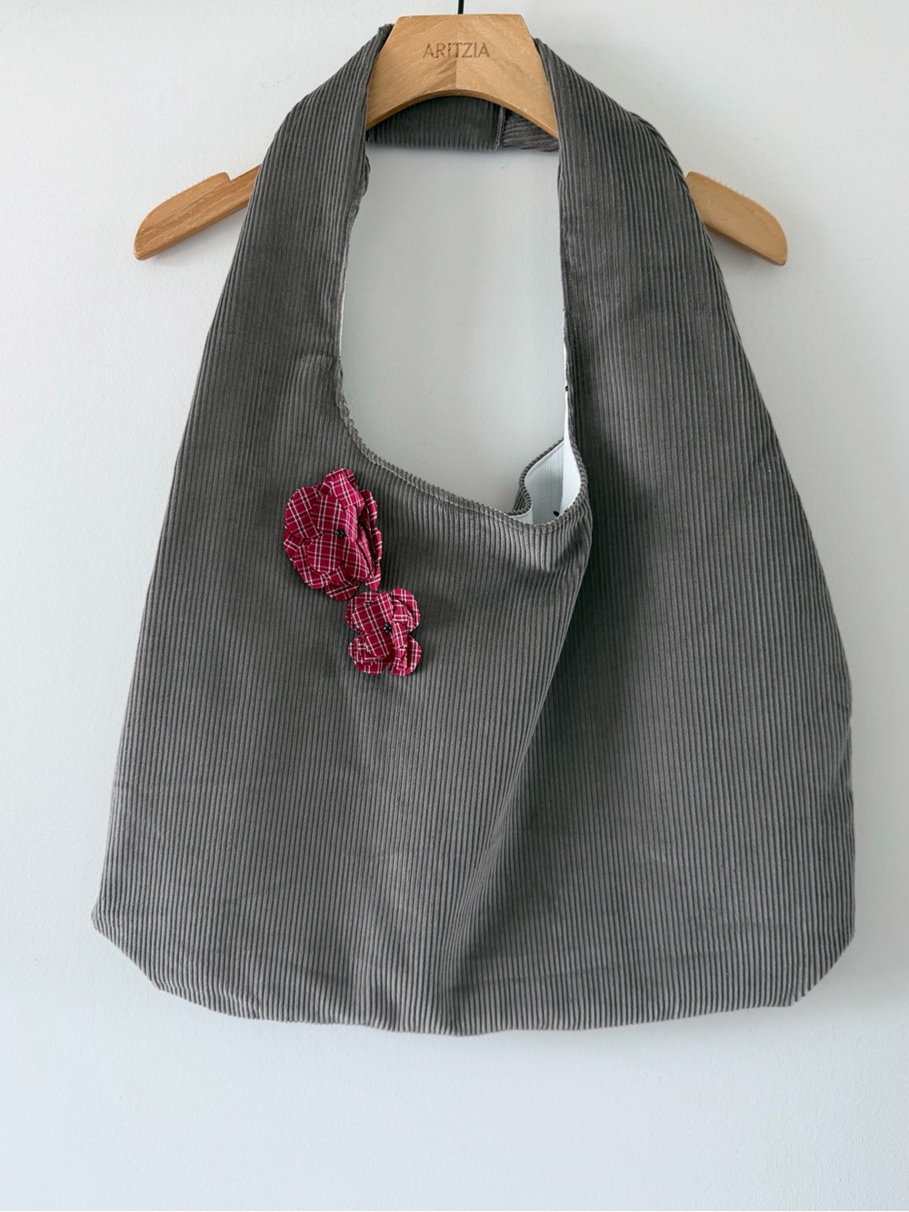 Handmade Taupe Corduroy Floral Appliqué Oversized Hobo Tote Bag - Picture 2 of 9